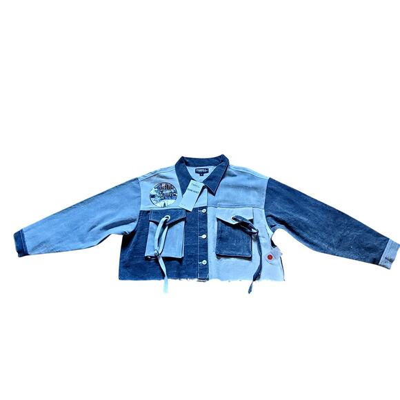 Thrill Jeans Denim Jacket Collection Patchwork NWT 3X Crop Distressed - Picture 1 of 6